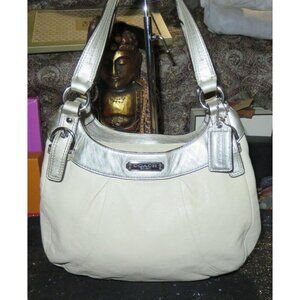 Coach 2012 Lynn Soho Cream Leather with Metallic Silver Trimmed Hobo Handbag